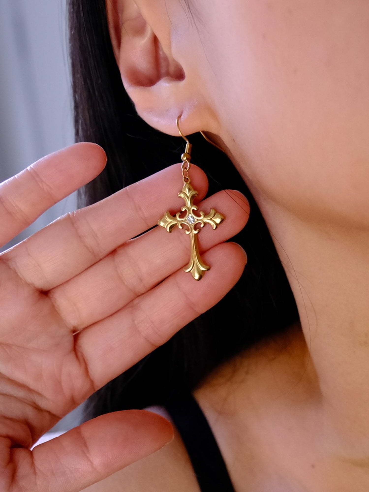 Fluid Molten Cross Drop Hoop Earrings